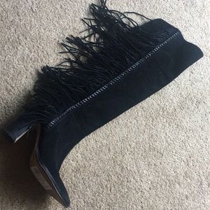 Dolce Vita over the knee black suede fringe boots